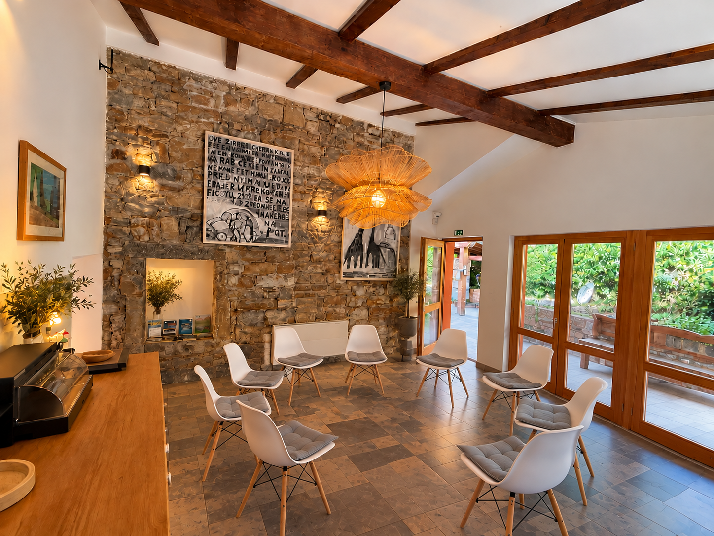 Casa Limoni common room arranged for a group gathering