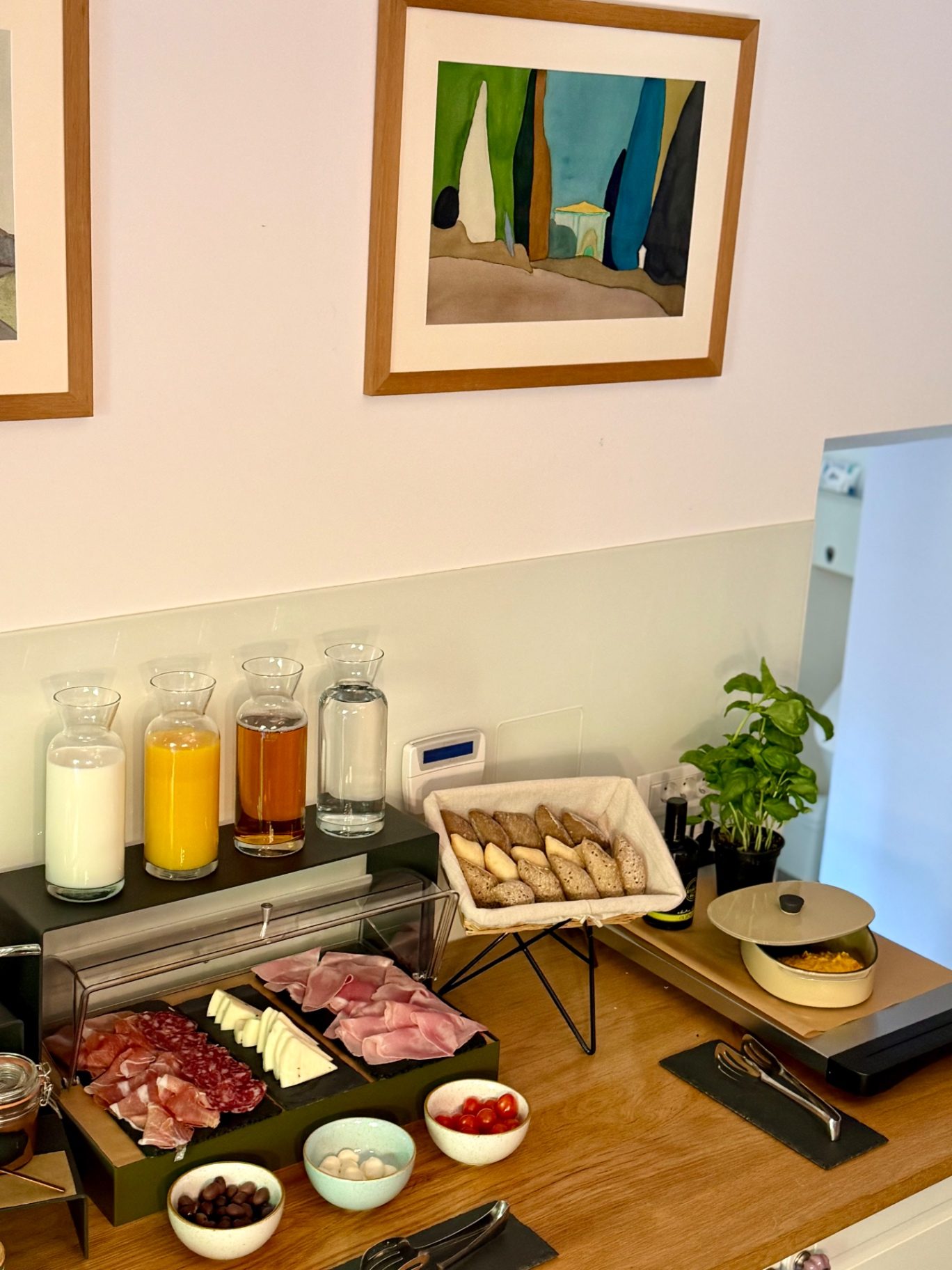 Breakfast buffet with fresh bread, juice and local produce